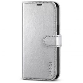 TUCCH iPhone 13 Pro Max Wallet Case, iPhone 13 Max Pro Book Folio Flip Kickstand With Magnetic Clasp-Shiny Silver