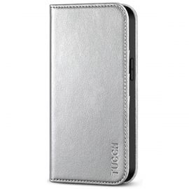 TUCCH iPhone 13 Pro Max Wallet Case - iPhone 13 Pro Max Flip Cover With Magnetic Closure-Shiny Silver
