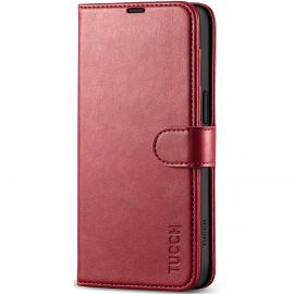 TUCCH iPhone 15 Leather Wallet Case, iPhone 15 Flip Case with Magnetic Clasp - Dark Red