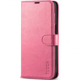 TUCCH iPhone 15 Leather Wallet Case, iPhone 15 Flip Case with Magnetic Clasp - Hot Pink