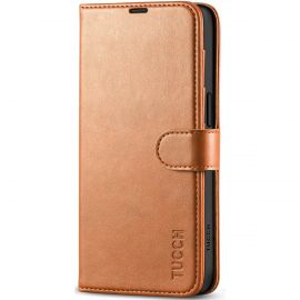 TUCCH iPhone 15 Leather Wallet Case, iPhone 15 Flip Case with Magnetic Clasp - Light Brown