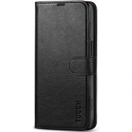 TUCCH iPhone 15 Leather Wallet Case, iPhone 15 Flip Case with Magnetic Clasp - Full Grain Black
