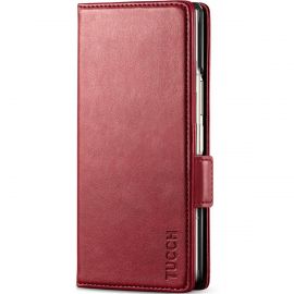 TUCCH SAMSUNG Galaxy Z Fold6 5G Magnetic Closure Leather Wallet Case with S Pen Holder - Dark Red