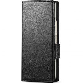 TUCCH SAMSUNG Galaxy Z Fold6 5G Foldable Leahter Wallet Case With S Pen Slot - Full Grain Black