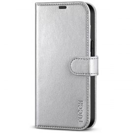 TUCCH IPhone 14 Wallet Case, IPhone 14 Book Folio Flip Kickstand Cover With Magnetic Clasp-Shiny Silver