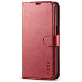 TUCCH IPhone 14 Wallet Case, IPhone 14 Book Folio Flip Kickstand Cover With Magnetic Clasp-Dark Red