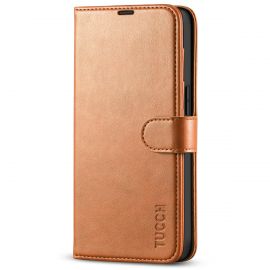TUCCH IPhone 14 Wallet Case, IPhone 14 Book Folio Flip Kickstand Cover With Magnetic Clasp-Light Brown